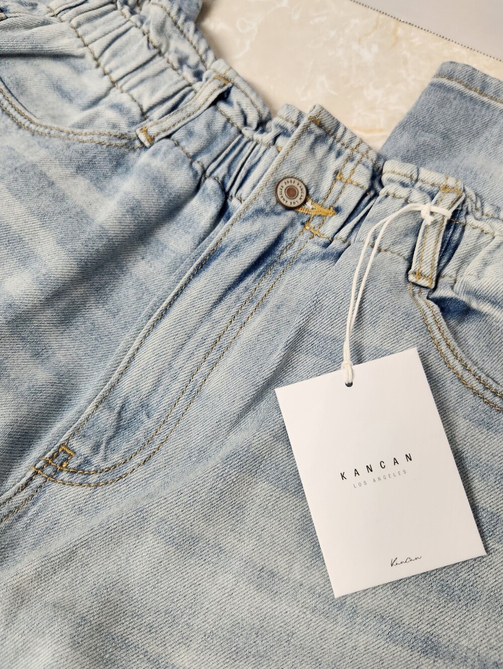 Kancan High Rise Paper Bag Light Wash Distressed Jeans Sz 13 / 30 New - Picture 2 of 12